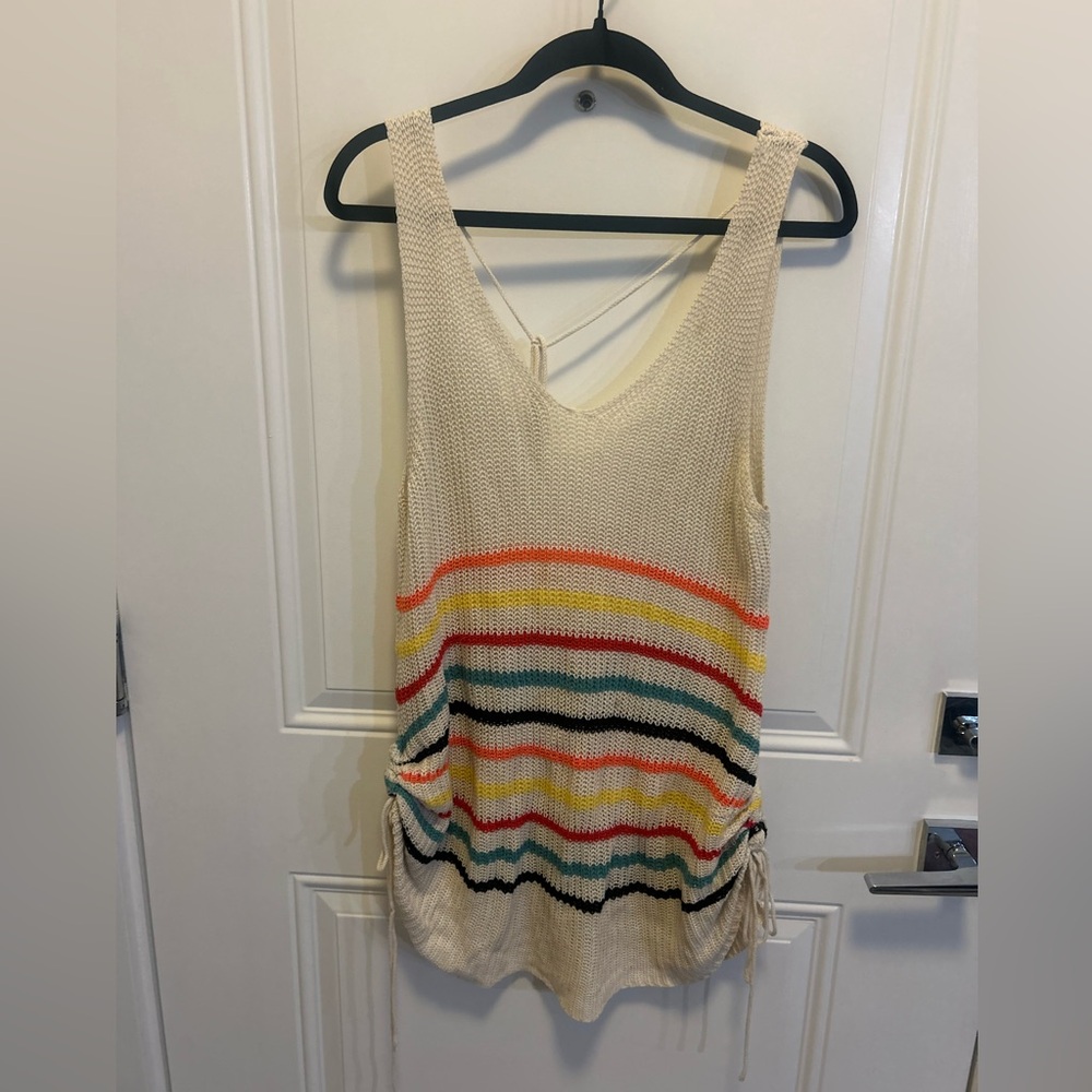 Cream Knit Tank Top / Cover-up with Multicolor - Side Ruched Detail